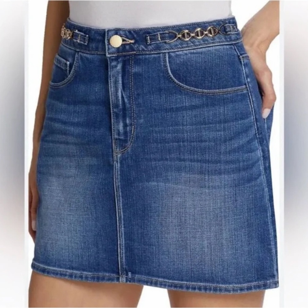L'AGENCE Blue Denim Skirt with Chain Accent